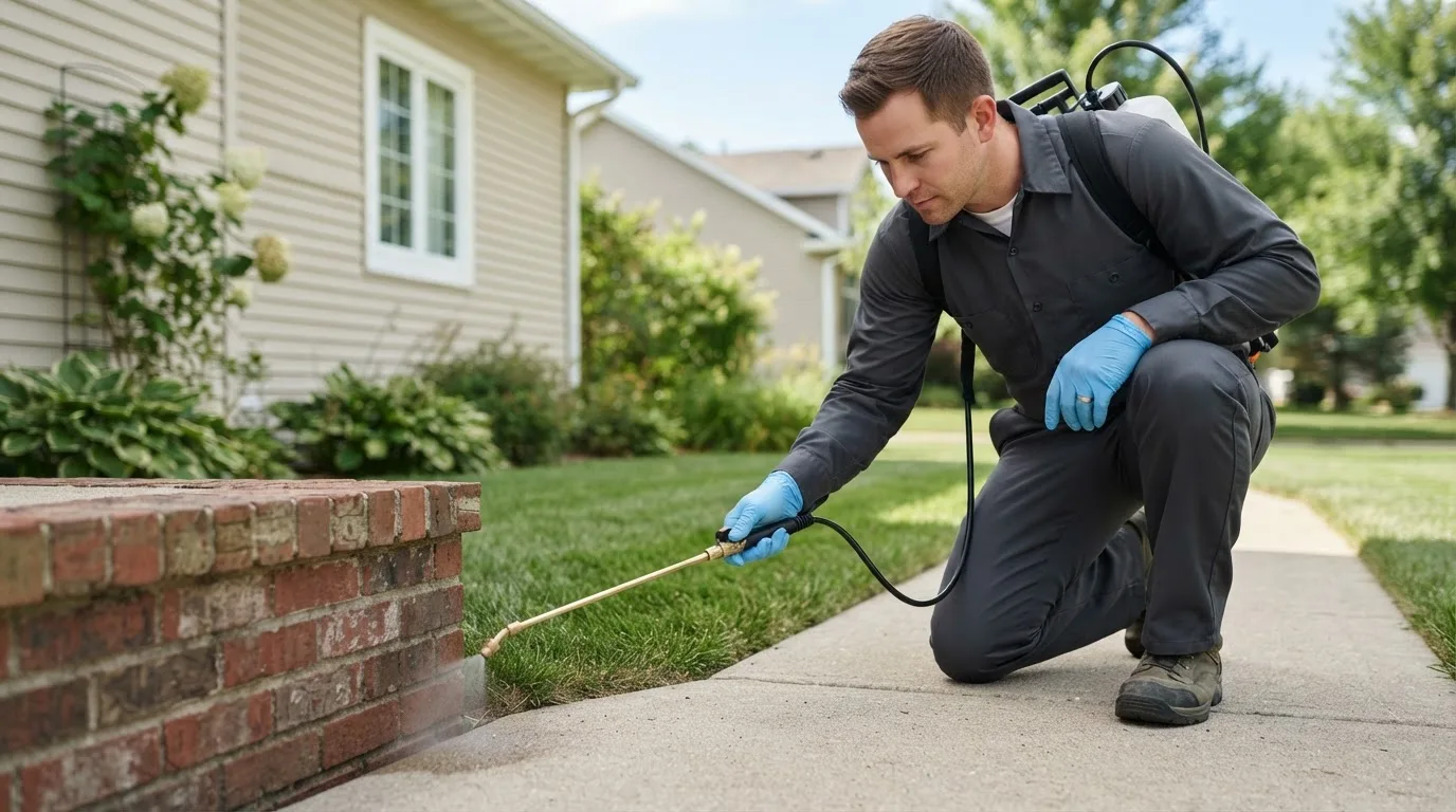 Pest control technician treating a home near Dixon, IA