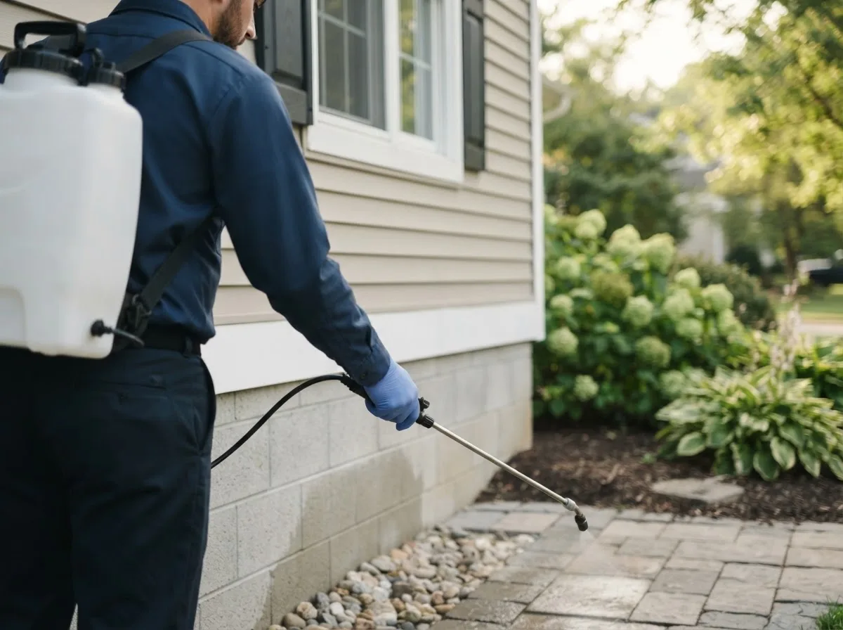 Pest control technician inspecting a home in Dixon, IA